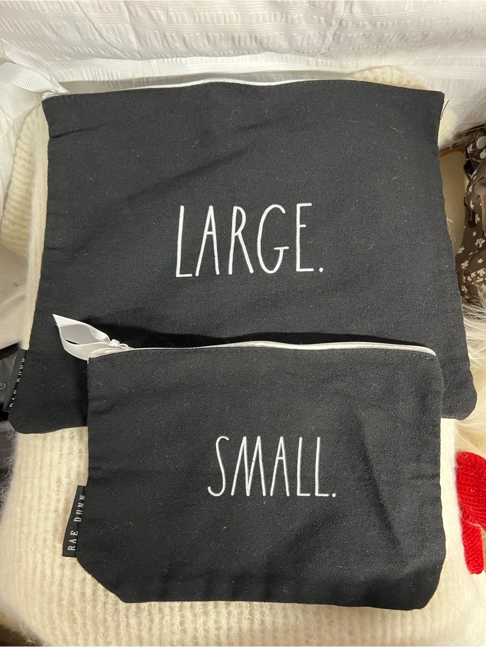 Rae Dunn Black & White "LARGE." and "SMALL." Canvas Pouch Set